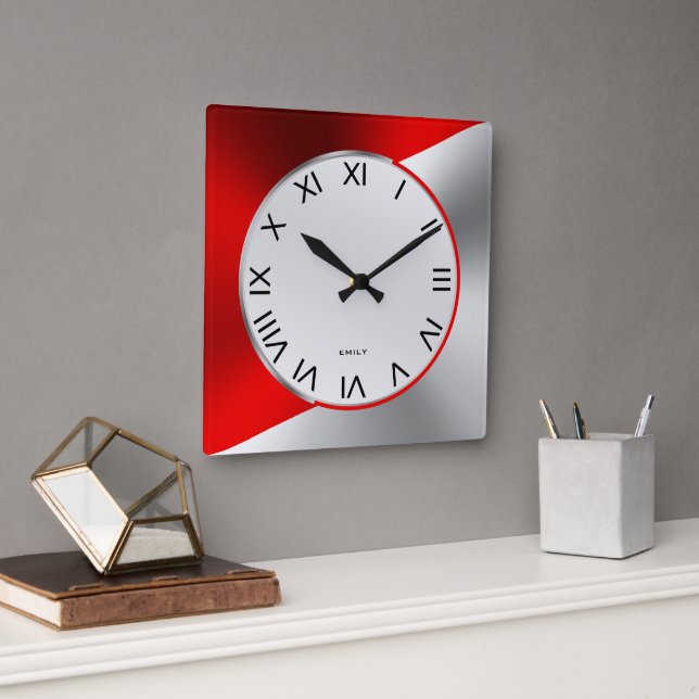 Red & Silver Modern Metallic Geometric Design Square Wall Clock (Office)