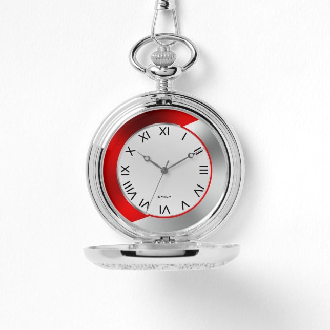 Red & Silver Modern Metallic Geometric Design Watch (Front)