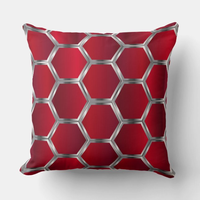 Red & Silver Octagons Pattern Throw Pillow (Front)