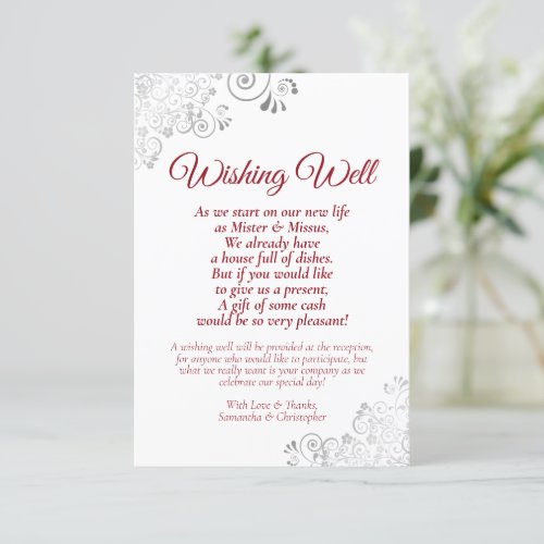 Red  Silver on White Wedding Wishing Well Poem Enclosure Card