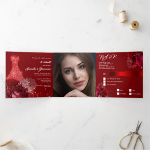 Red silver PHOTO floral rose ball gown girls Tri-Fold Invitation