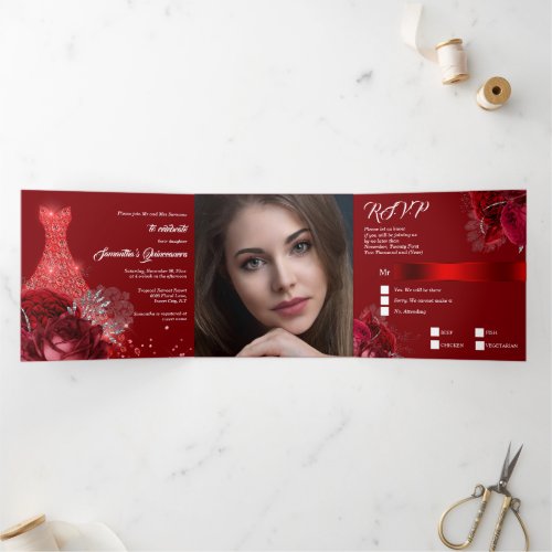 Red silver PHOTO floral rose ball gown girls Tri_Fold Invitation