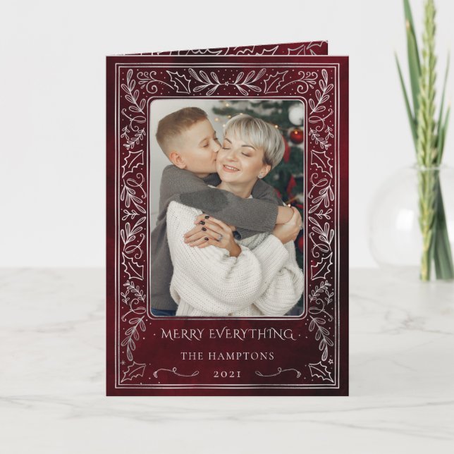 Red Silver Pine Holly Berry Photo Holiday Card (Front)