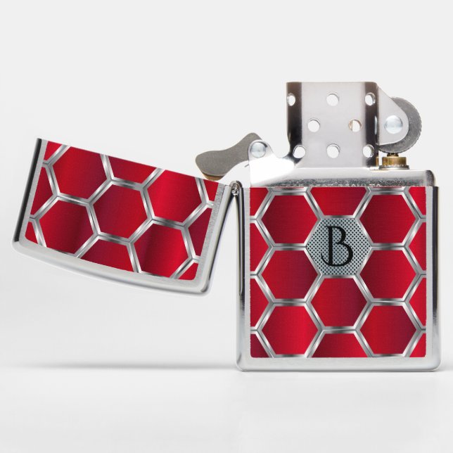 Red & Silver Polygonal Geometric pattern Zippo Lighter (Opened)