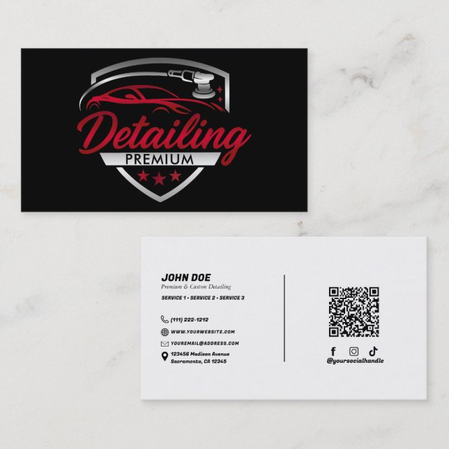 Red & Silver Premium Auto Car Detailing Body Shop  Business Card (Front/Back)
