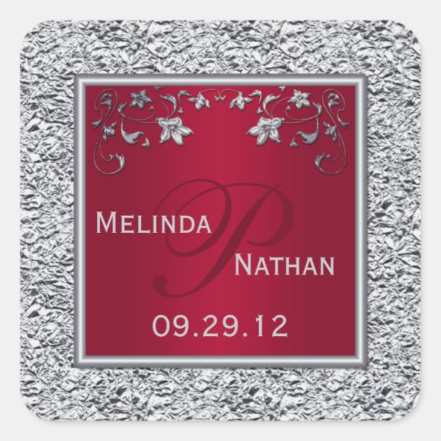 Red, Silver PRINTED Foil Floral Monogram Sticker (Front)