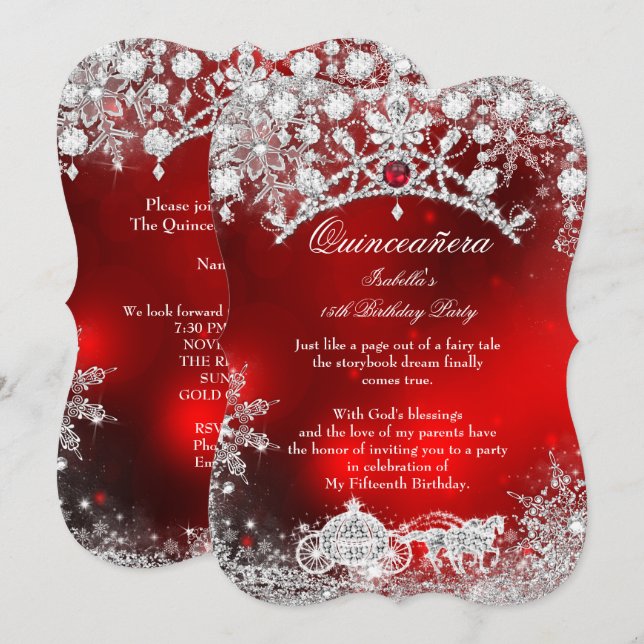 Red silver Quinceanera 15th Winter Wonderland Invitation (Front/Back)