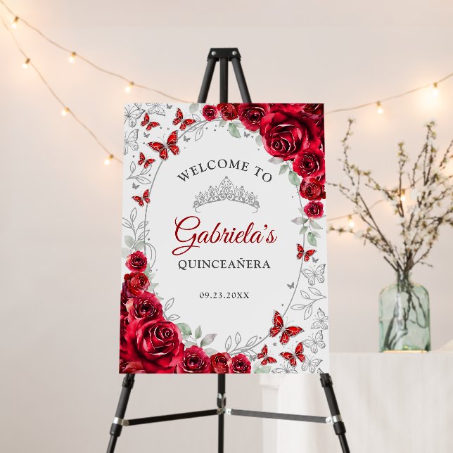 Red Silver Quinceanera Welcome Foam Board (In Situ (Stand))