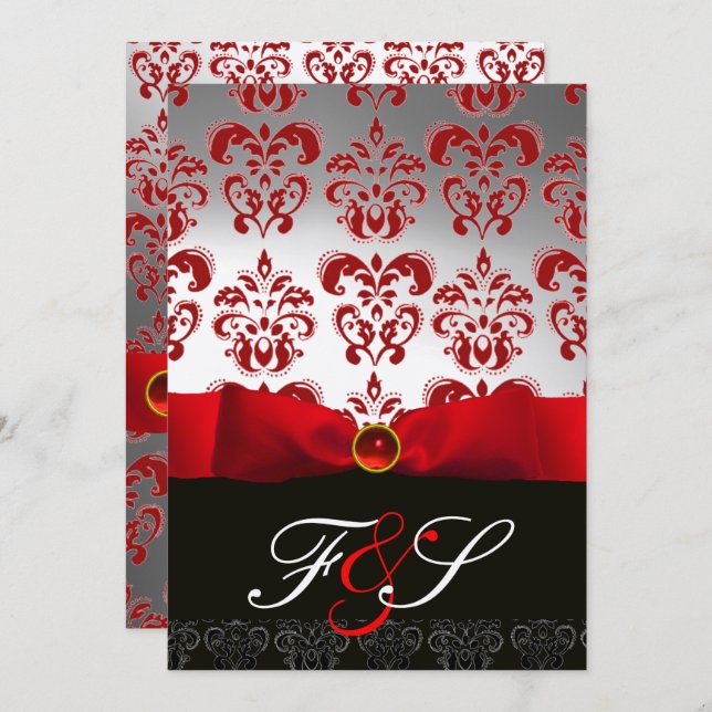 RED SILVER RIBBON & BLACK DAMASK MONOGRAM Ruby Invitation (Front/Back)