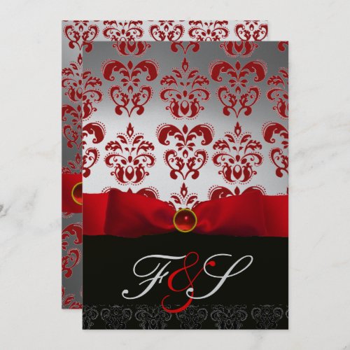 RED SILVER RIBBON  BLACK DAMASK MONOGRAM Ruby Invitation