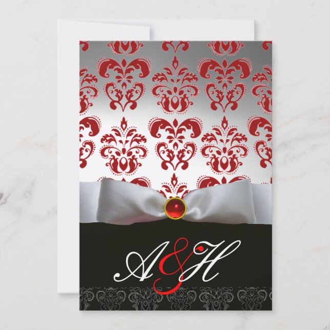 RED SILVER RIBBON & BLACK DAMASK MONOGRAM Ruby Invitation (Front)