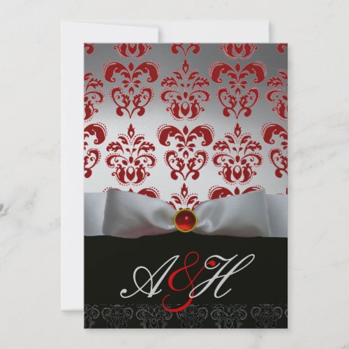 RED SILVER RIBBON  BLACK DAMASK MONOGRAM Ruby Invitation