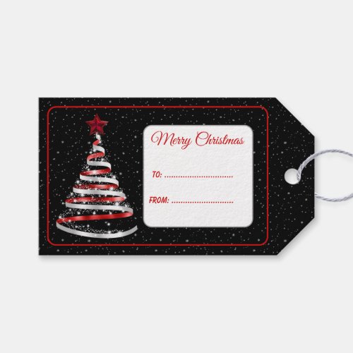 Red  Silver Ribbon Christmas Tree with Sparkles Gift Tags