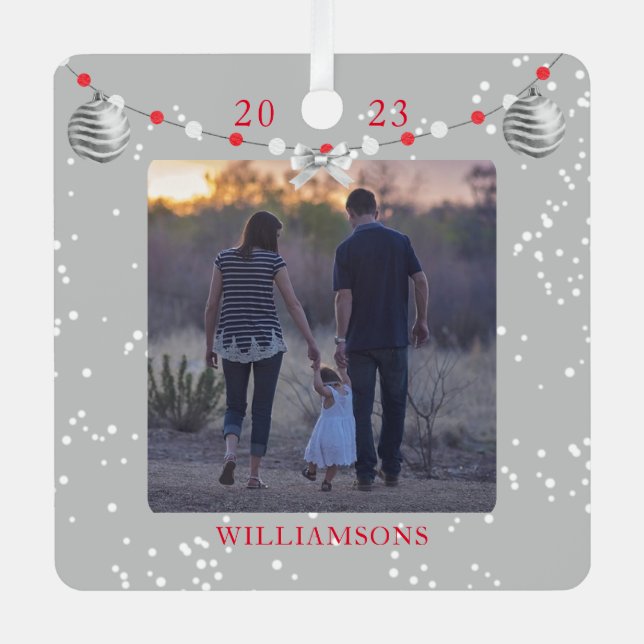 Red Silver Ribbon Holiday Keepsake Photo Frame Metal Ornament (Front)
