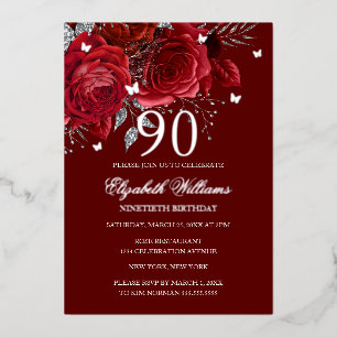 Red Silver Rose Sparkling Butterfly 90th Birthday  Foil Invitation