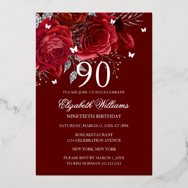 Red Silver Rose Sparkling Butterfly 90th Birthday  Foil Invitation (Front)