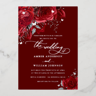 Red Silver Rose Sparkling Butterfly Wedding Foil Invitation