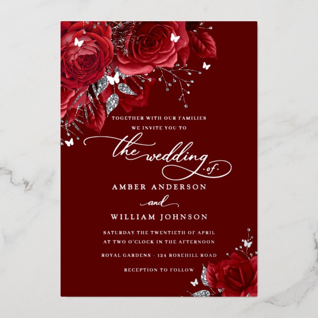 Red Silver Rose Sparkling Butterfly Wedding  Foil Invitation (Front)