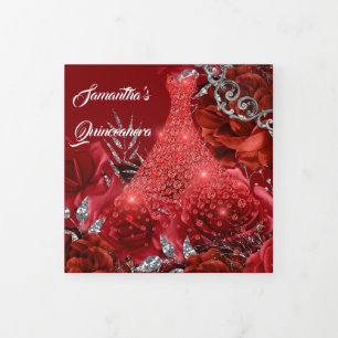 Red silver rose womans PHOTO floral birthday   Tri-Fold Invitation