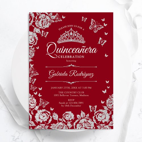 Red Silver Roses Butterflies Quinceanera Invitation