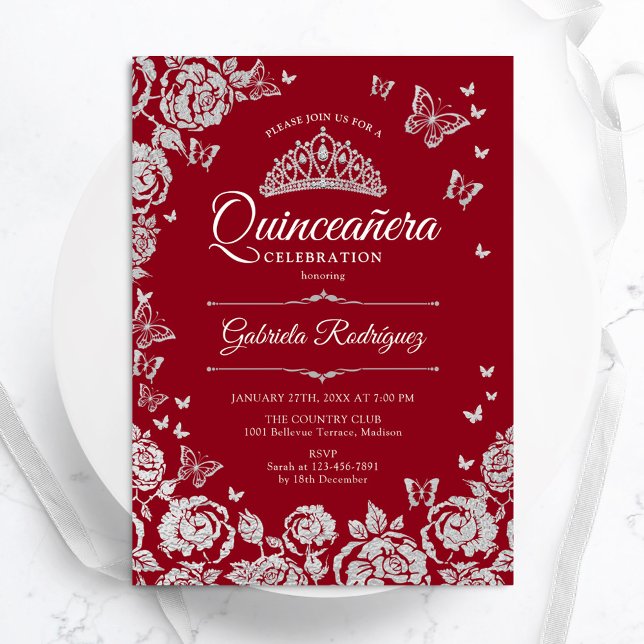 Red Silver Roses Butterflies Quinceanera Invitation (Creator Uploaded)
