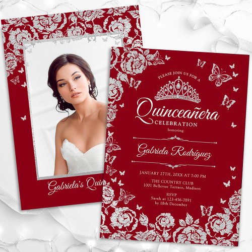 Red Silver Roses Butterflies Quinceanera Photo Invitation