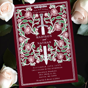 Red Silver Royal Sword Medieval Fantasy Wedding Foil Invitation