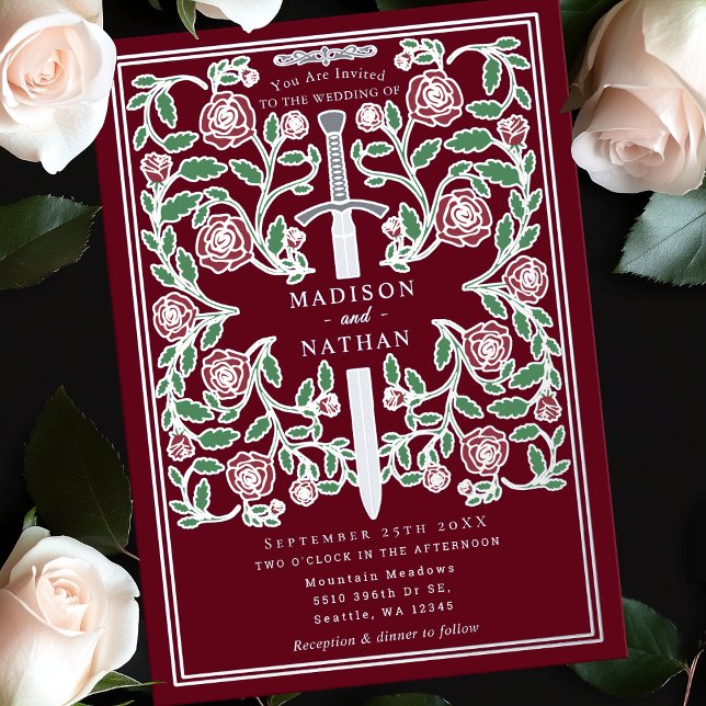 Red Silver Royal Sword Medieval Fantasy Wedding  Foil Invitation (Creator Uploaded)