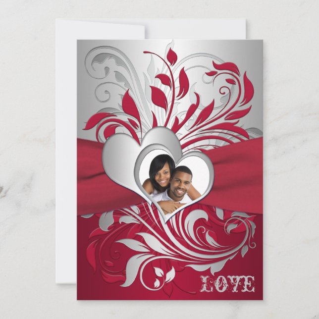 Red, Silver Scrolls, Hearts Photo Wedding Invite (Front)