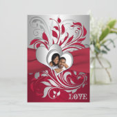 Red, Silver Scrolls, Hearts Photo Wedding Invite (Standing Front)