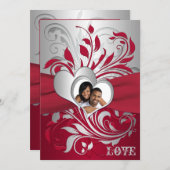 Red, Silver Scrolls, Hearts Photo Wedding Invite (Front/Back)
