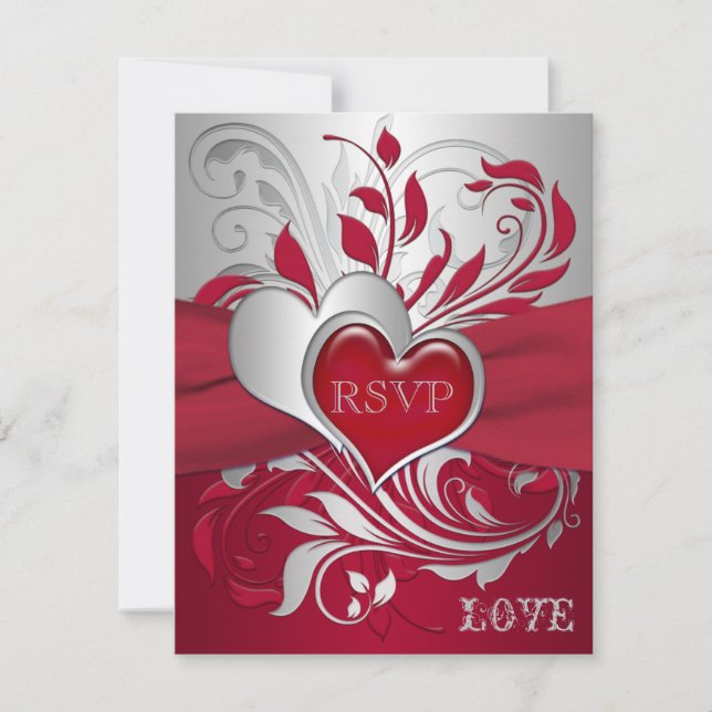 Red, Silver Scrolls, Hearts RSVP Card (Front)