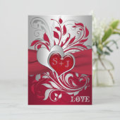 Red, Silver Scrolls, Hearts Wedding Invitation (Standing Front)