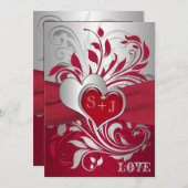 Red, Silver Scrolls, Hearts Wedding Invitation (Front/Back)