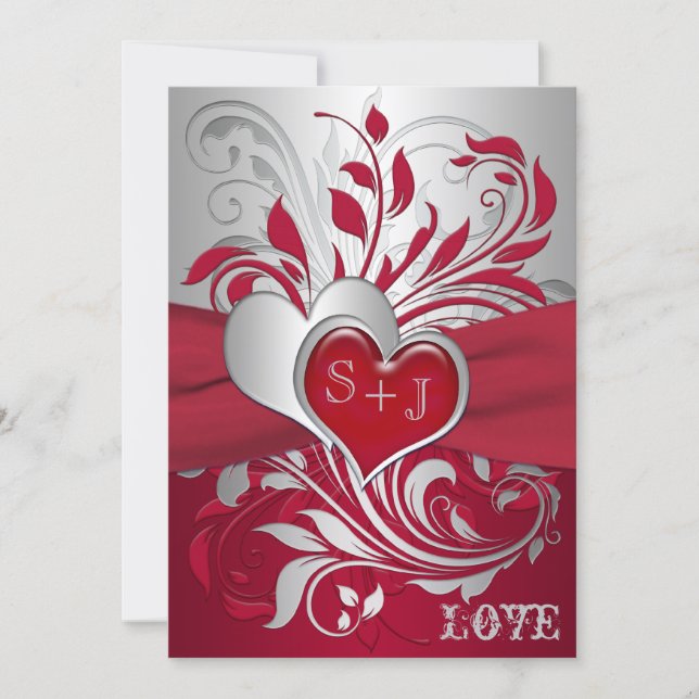 Red, Silver Scrolls, Hearts Wedding Invitation (Front)