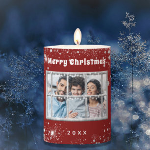 Red silver snow photo winter window Chrisrmas Pillar Candle