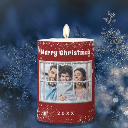 Red silver snow photo winter window Chrisrmas Pillar Candle