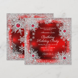 Red silver snowflake holiday birthday party invitation