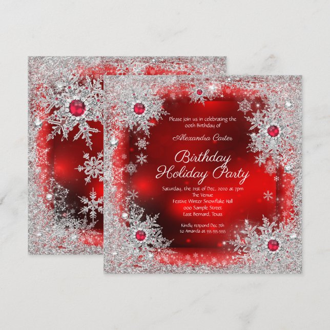 Red silver snowflake holiday birthday party invitation (Front/Back)