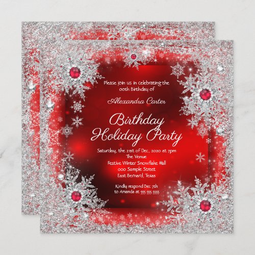 Red silver snowflake holiday birthday party invitation
