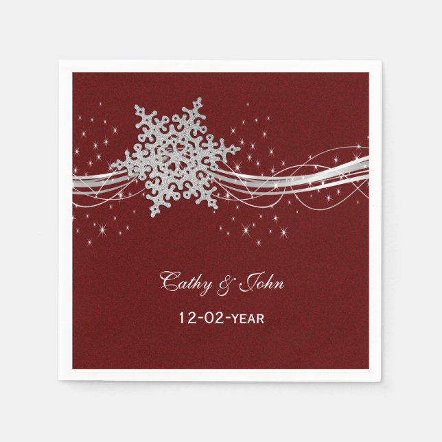 red Silver Snowflakes personalized wedding napkin (Front)