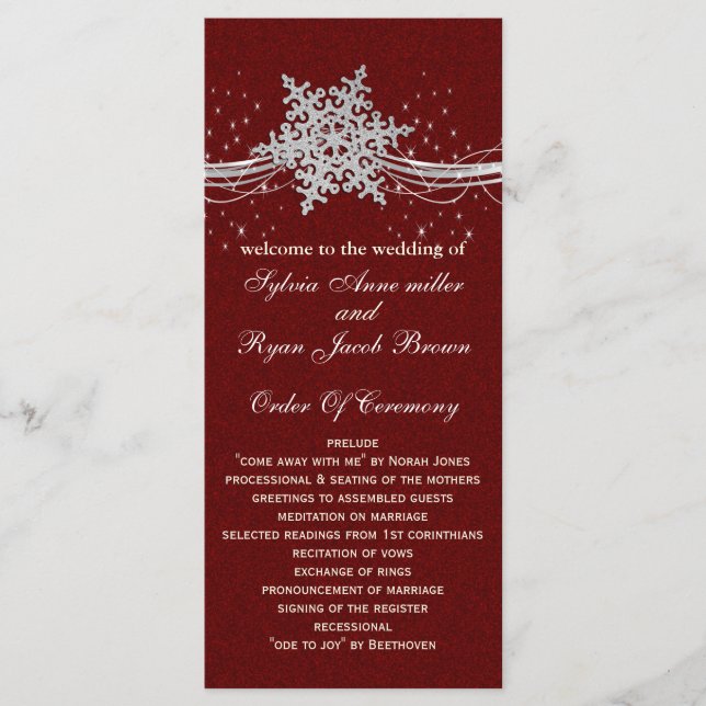 red Silver Snowflakes wedding programs tea length (Front)