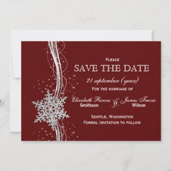 Red Silver Snowflakes Winter  Save The Date by blessedwedding at Zazzle