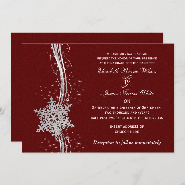 red Silver Snowflakes Winter wedding invitations (Front/Back)