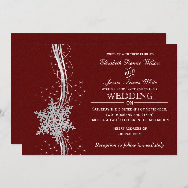 red Silver Snowflakes Winter wedding invitations (Front/Back)