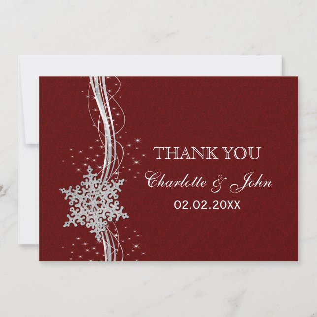 red Silver Snowflakes Winter  wedding Thank You Invitation (Front)