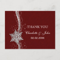 red Silver Snowflakes Winter wedding Thank You Postcard