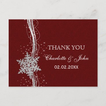 red Silver Snowflakes Winter wedding Thank You Postcard