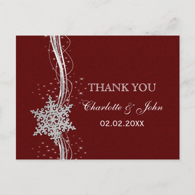 red Silver Snowflakes Winter wedding Thank You Postcard (Front)