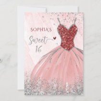 Red Silver Sparkle Glitter Dress Sweet 16 birthday Invitation